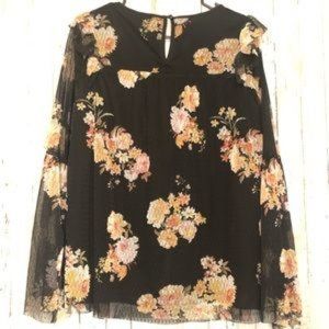 PLEIONE Black Scoop Neck Floral Print Sheer Blouse